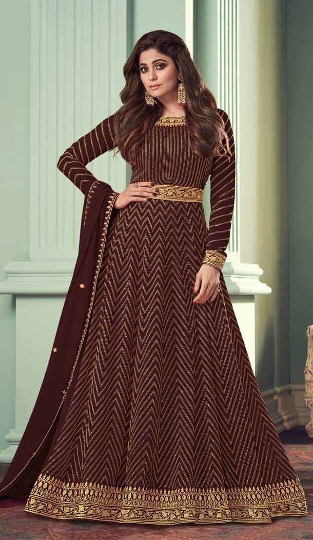 Brown Color Real Georgette Designer Party Wear Aanarkali Salwar Suit -2428139036