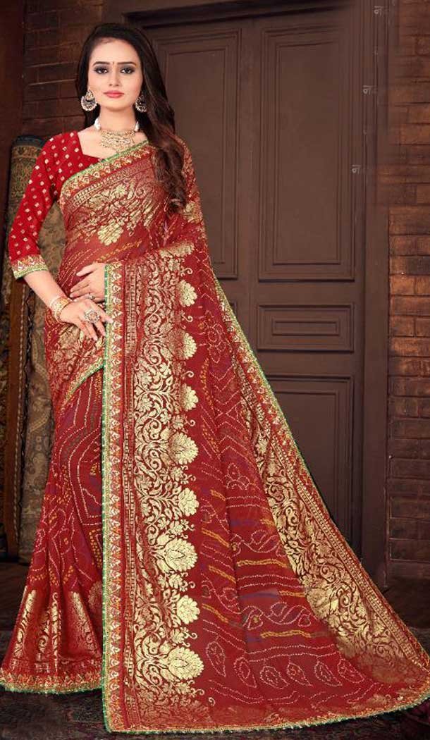 Multi Color Marble Georgette Bandhani Casual Wear Saree - 2451139267