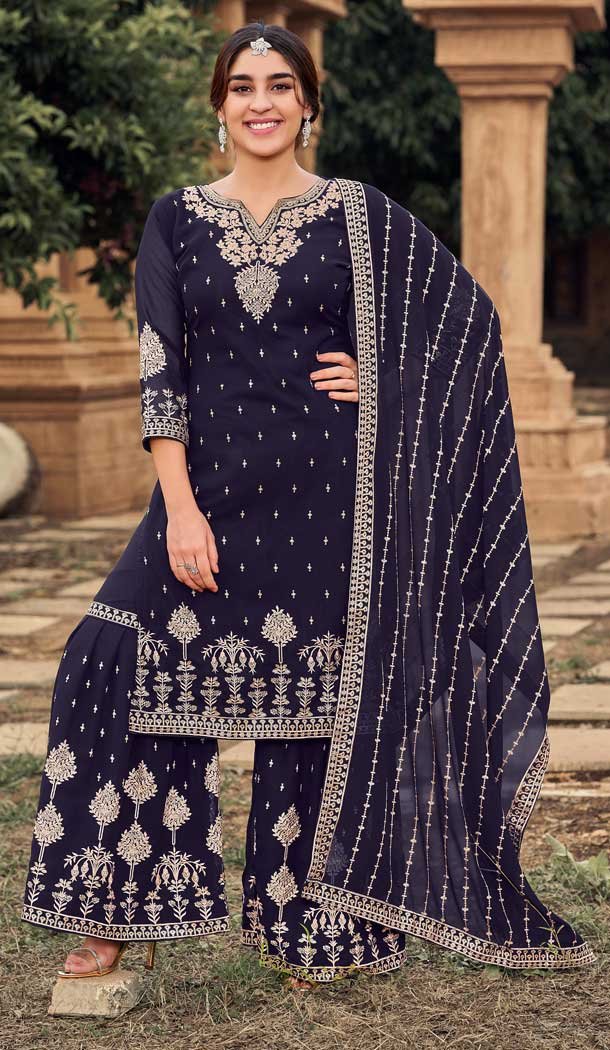 Navy Blue Color Heavy Georgette Heavy Embroidered Palazzo Suit -2431139066