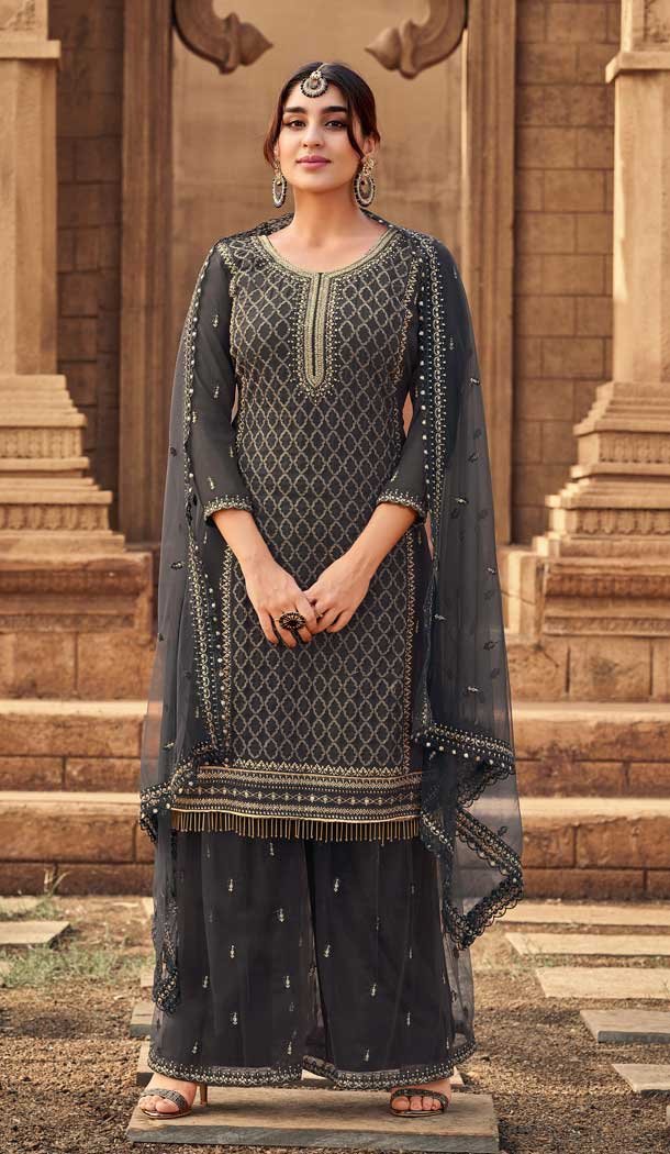 Grey Color Heavy Georgette Heavy Embroidered Palazzo Suit -2431139068