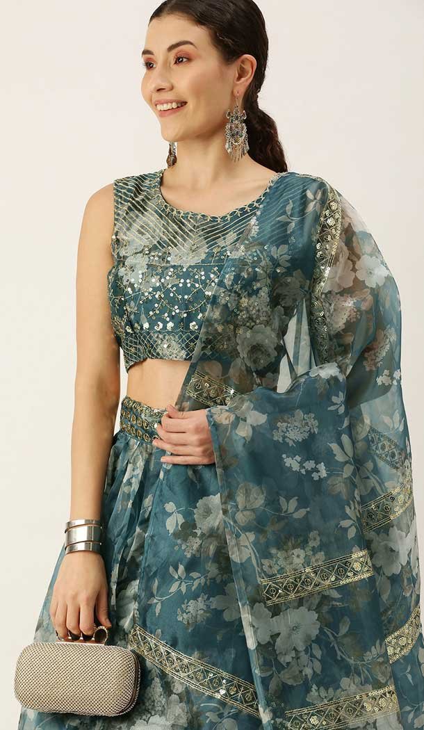 Teal Blue Color Organza Designer Party Wear Lehenga Choli - 2501139741