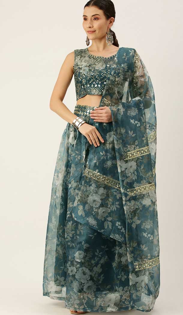 Teal Blue Color Organza Designer Party Wear Lehenga Choli - 2501139741