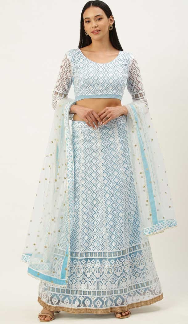 Sky Blue Color Net Designer Party Wear Lehenga Choli - 2504139771
