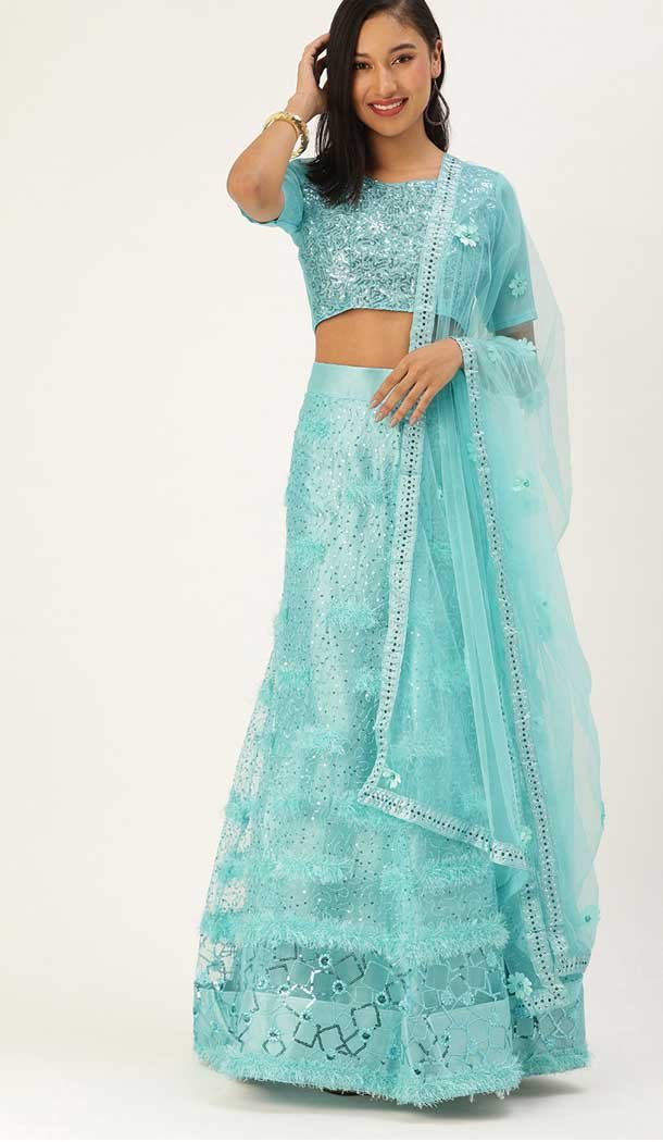 Light Blue Color Net Designer Party Wear Lehenga Choli - 2504139777