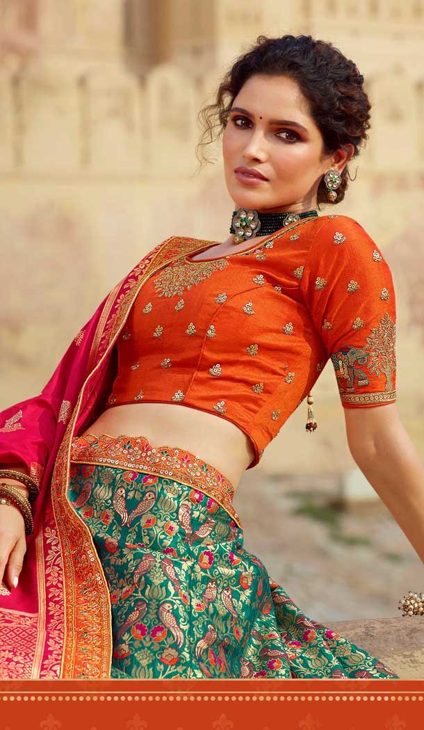 Stunning Teal Blue Color Banarasi Silk Bridal Wedding Wear Lehenga Choli - 2548140113
