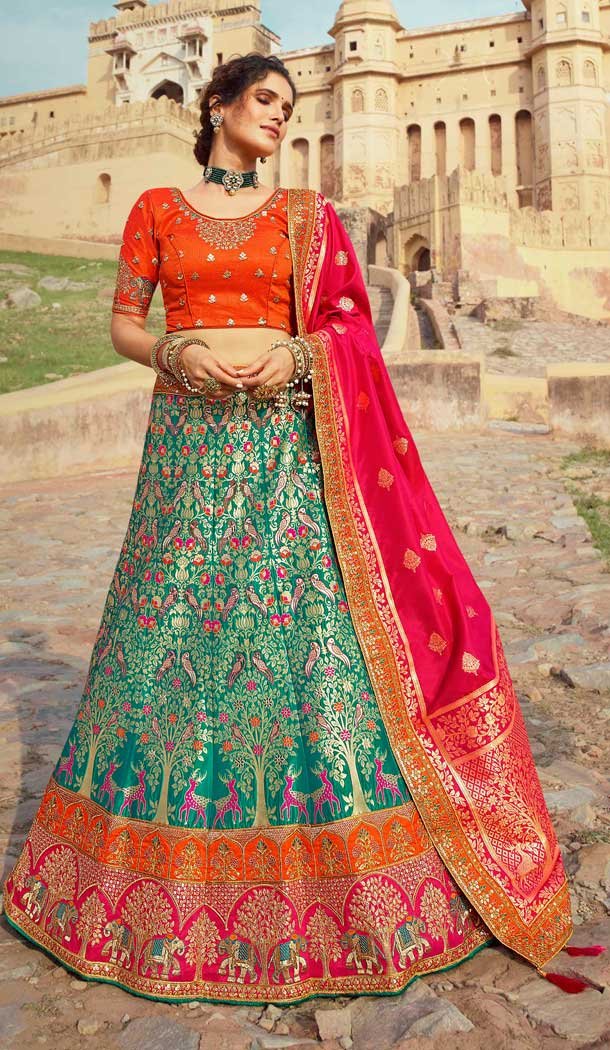 Stunning Teal Blue Color Banarasi Silk Bridal Wedding Wear Lehenga Choli - 2548140113