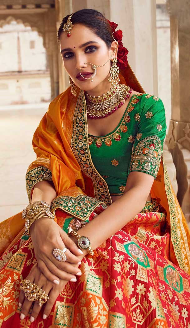 Pretty Red Orange Color Banarasi Silk Bridal Wedding Wear Lehenga Choli - 2548140115