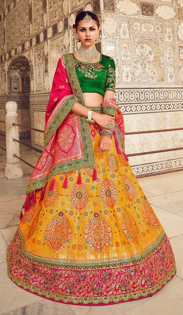 Adorable Mustard Color Banarasi Silk Bridal Wedding Wear Lehenga Choli - 2548140116