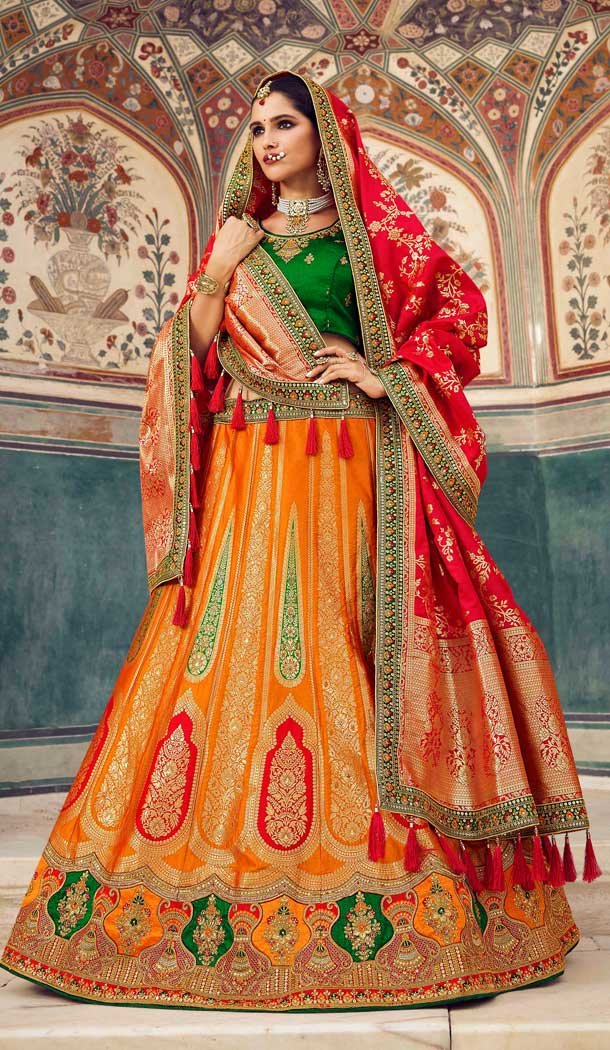 Amazing Orange Color Banarasi Silk Bridal Wedding Wear Lehenga Choli - 2548140117