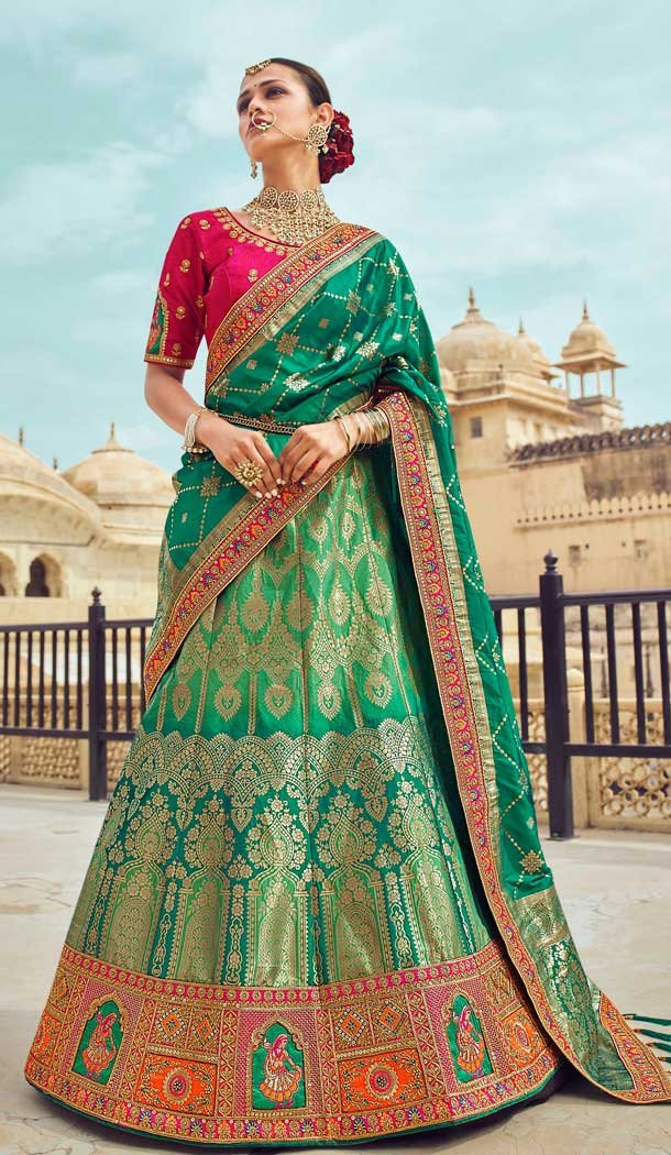 Sea Green Color Banarasi Silk Bridal Wedding Wear Lehenga Choli - 2548140118