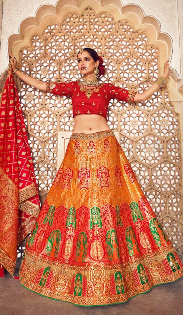 Reddish Orange Color Banarasi Silk Bridal Wedding Wear Lehenga Choli - 2548140119