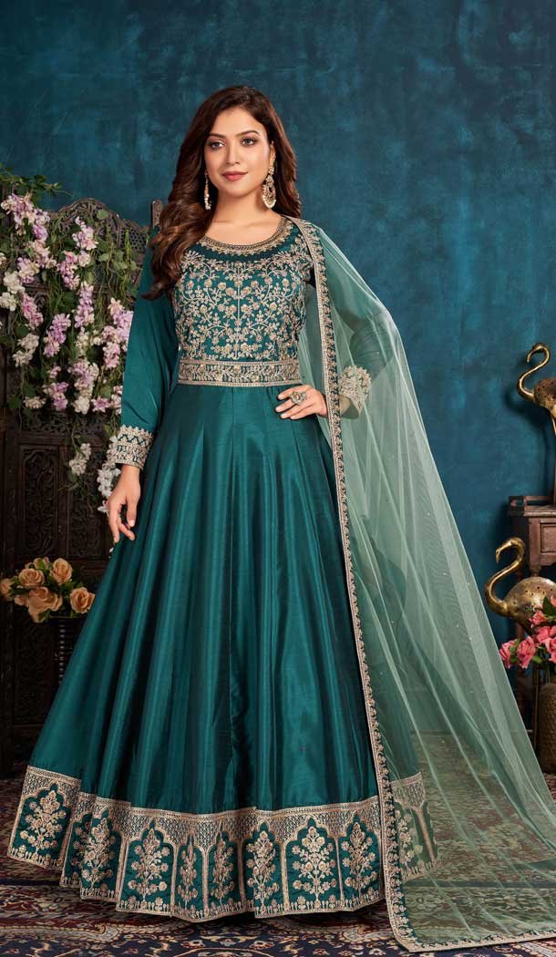 Teal Color Art Silk (Zorba Silk) Anarkali Party Wear Salwar Suit - 2581140393