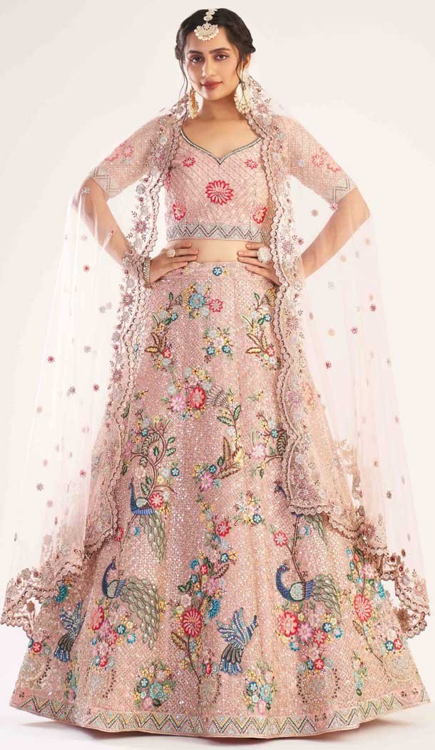 Pinkish Pink Color Heavy Butterfly Net Bridal Wedding Wear Wear Lehenga Choli - 2617140744