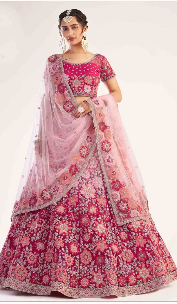 Shaded Rani Color Heavy Shaded Butterfly Net Bridal Wedding Wear Lehenga Choli - 2617140745