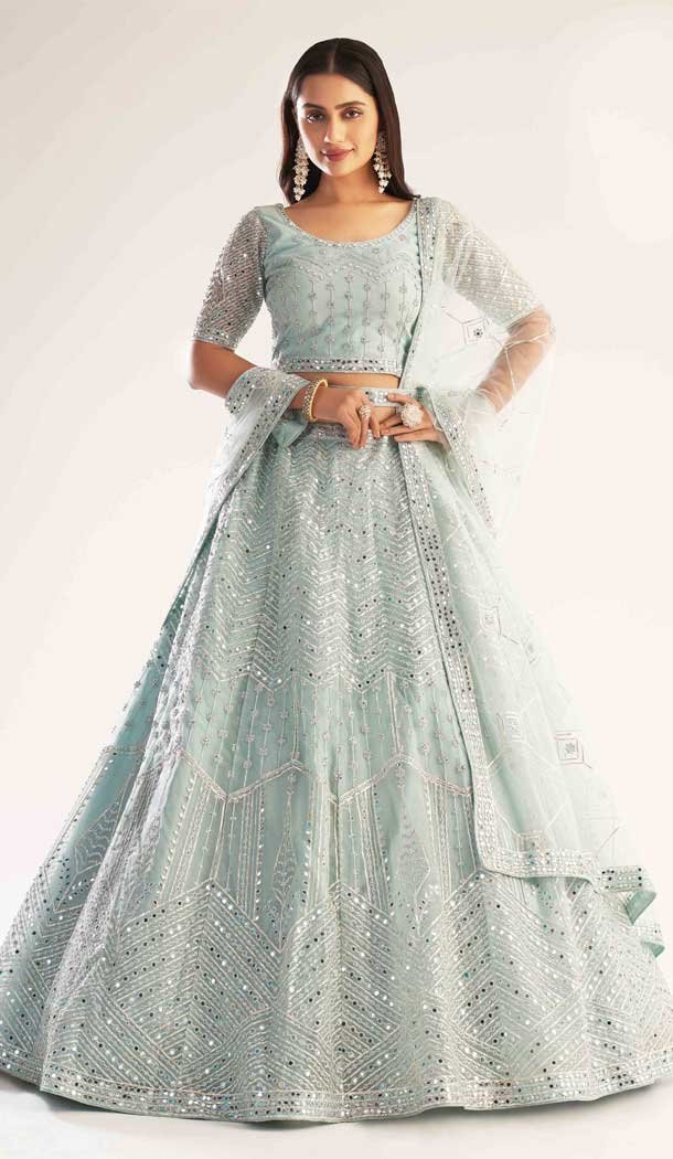 Pastel Ocean Blue Color Heavy Butterfly Net Bridal Wedding Wear Lehenga Choli - 2617140749