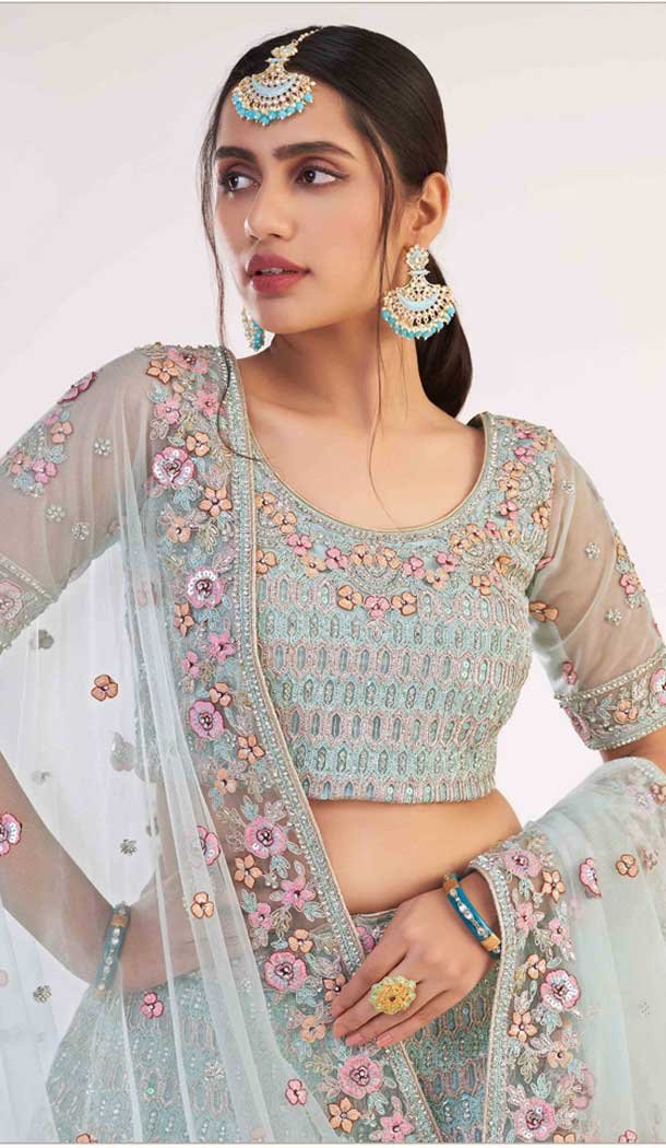 Turquoise Blue Color Premium Heavy Butterfly Net Bridal Wedding Lehenga Choli - 2617140753