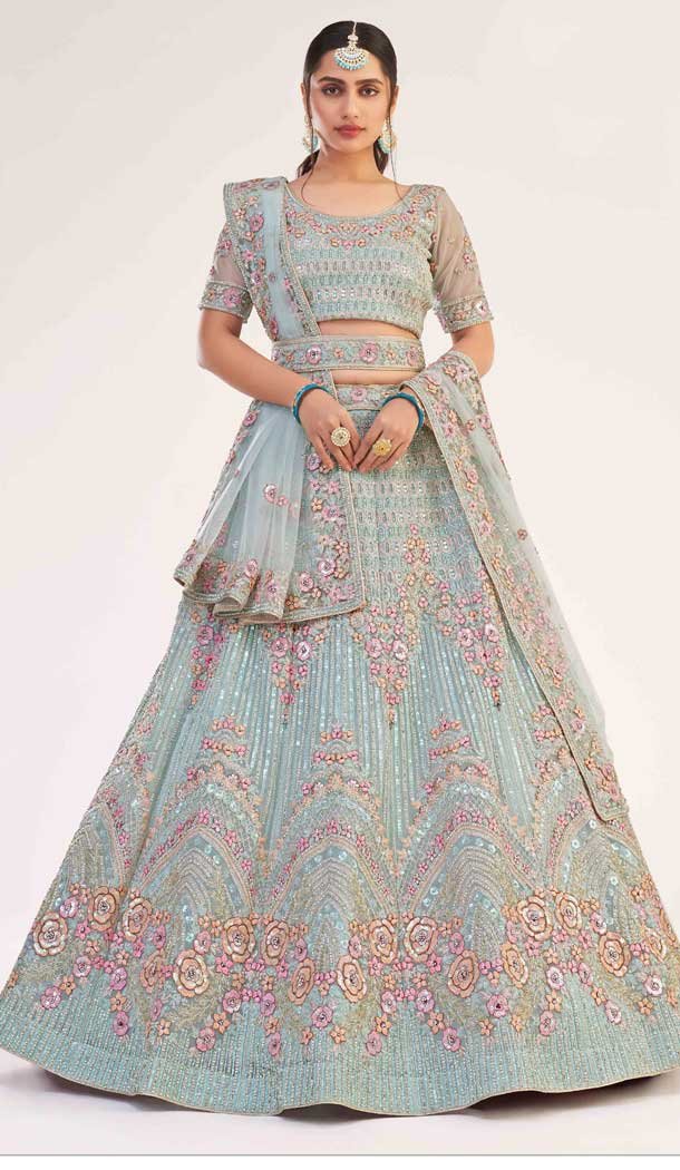 Turquoise Blue Color Premium Heavy Butterfly Net Bridal Wedding Lehenga Choli - 2617140753