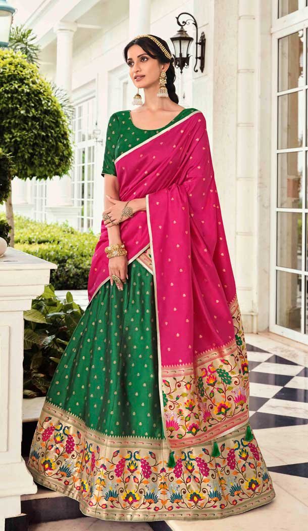 Bottle Green Color Banarasi With Tassels Designer Party Wear Lehenga Choli - 2618140756