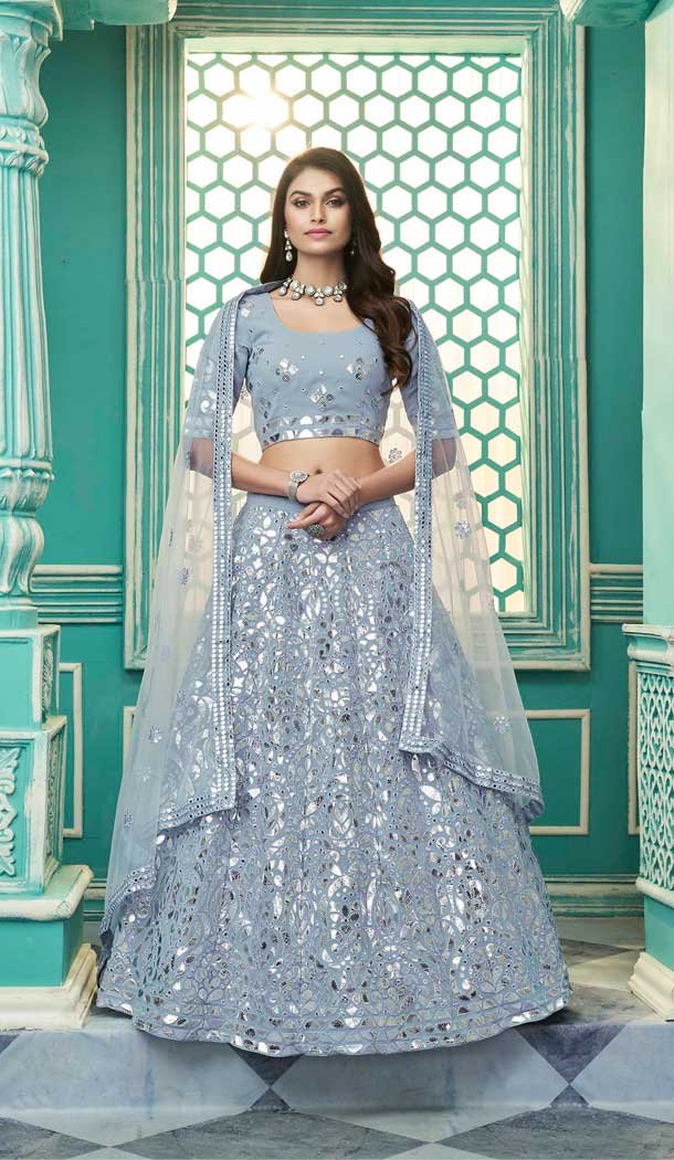 Sky Blue Color Georgette Designer Wedding Wear Lehenga Choli - 2619140765