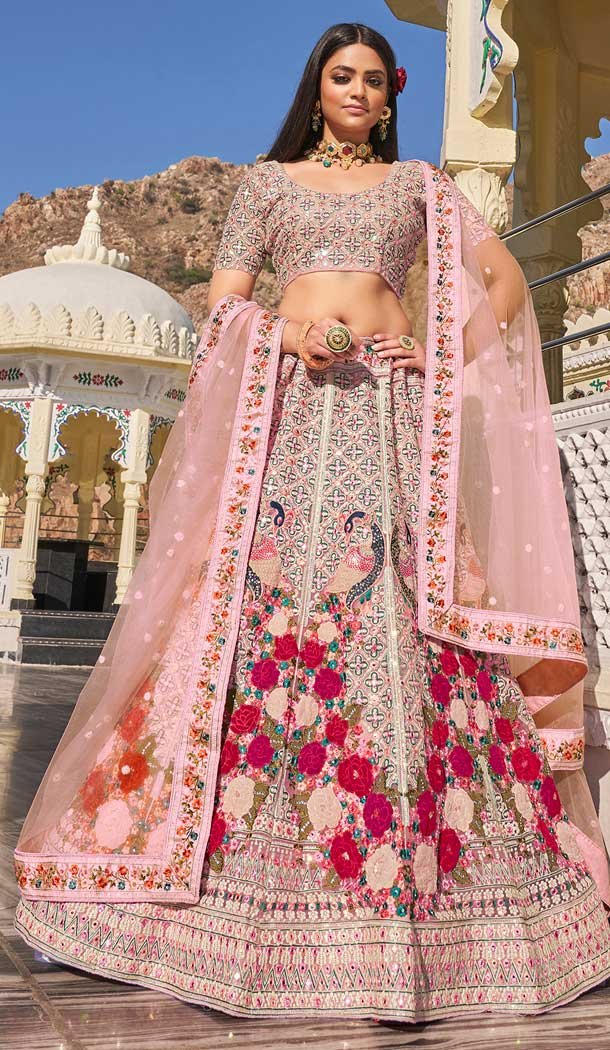 Baby Pink Color Bridal Net Designer Bridal Wedding Wear Lehenga Choli - 2621140778
