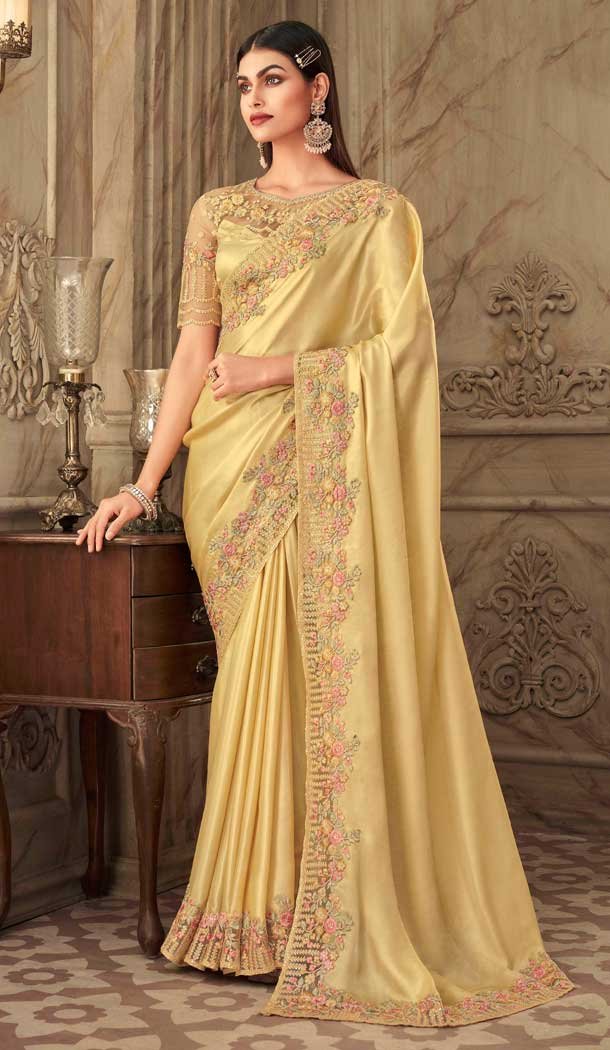 Golden Color Shimmer Silk Embroidery Designer Party Wear Saree -2673141103
