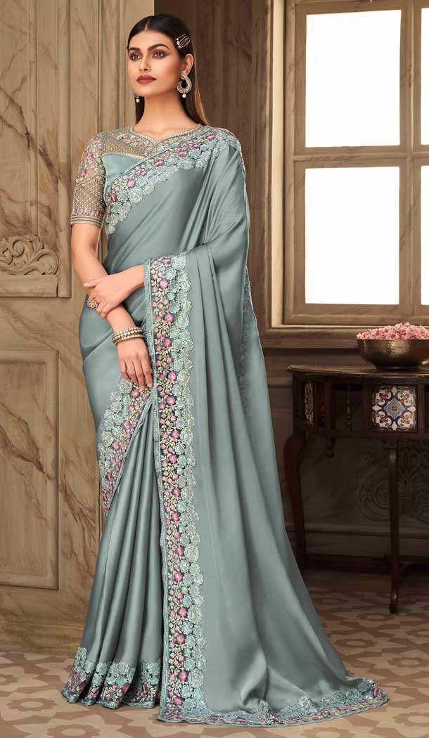 Pretty Grey Color Angel Silk Embroidery Designer Party Wear Saree -2673141106