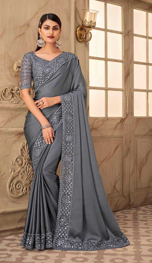 Elite Look Grey Color Angel Silk Embroidery Designer Party Wear Saree -2673141110