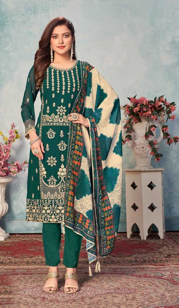 Green Color Fox Georgette Casual Evening Wear Salwar Suit - 2627140809