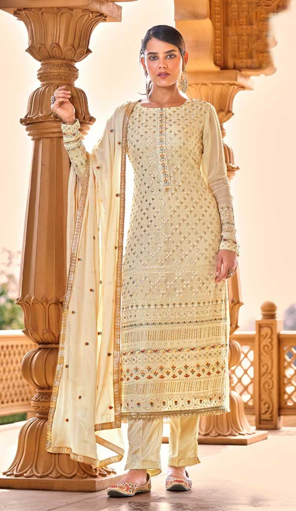 Cream Color Pure Viscos Bemberg Georgette Designer Evening Wear Suit - 2632140827