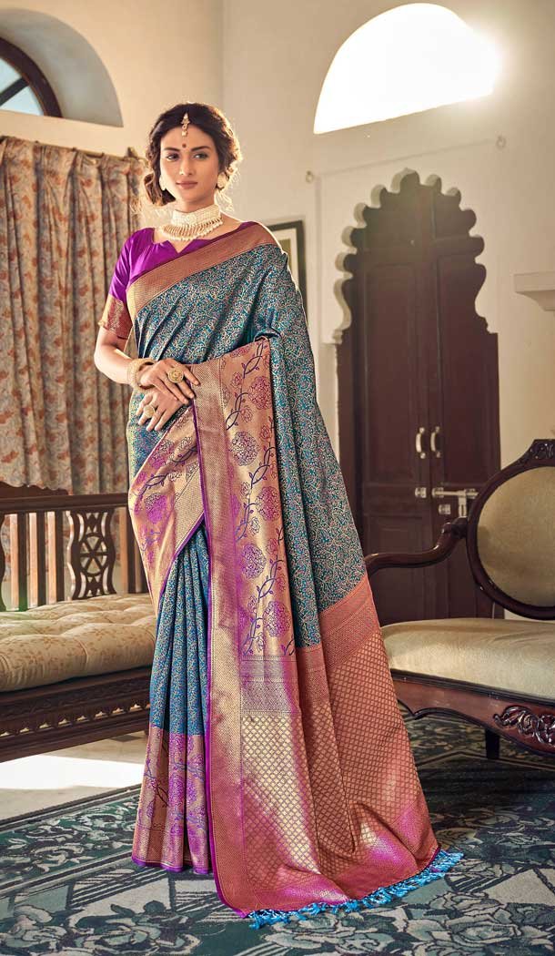 Blue Purple Color Banarasi Two Tone Silk Designer Party Wear Saree - 2717141432