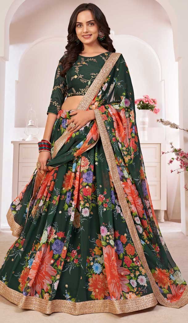 Green Color Georgette Designer Party Wear Plus Size Lehenga Choli - 2722141458