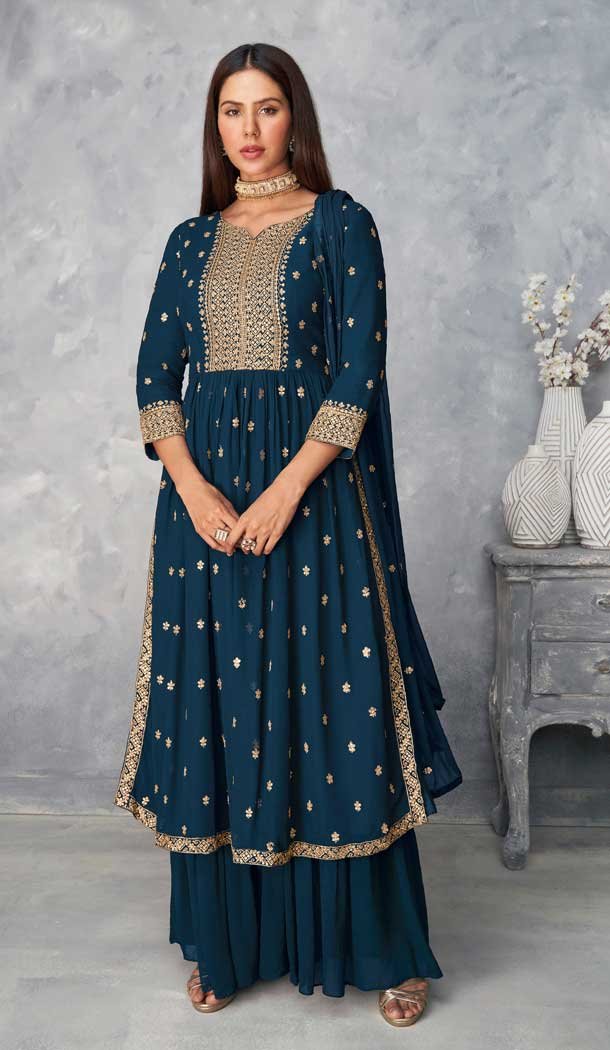 Teal Color Real Georgette Designer Eid Festive Wear Sharara Suit- 2795142146