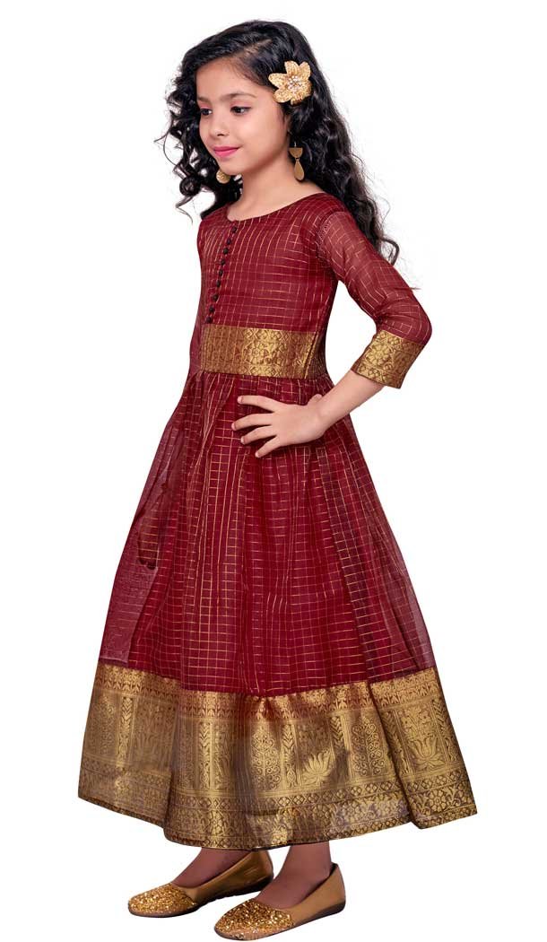 Beutiful Maroon Color Organza Silk Party Wear Readymade Kids Gown -2808142289