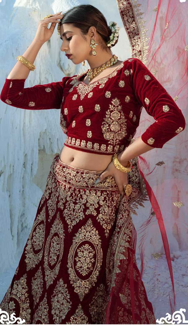 Elegant Maroon Color Velvet Embroidery & Diamond Work Bridal Wear Lehenga Choli -2815142352