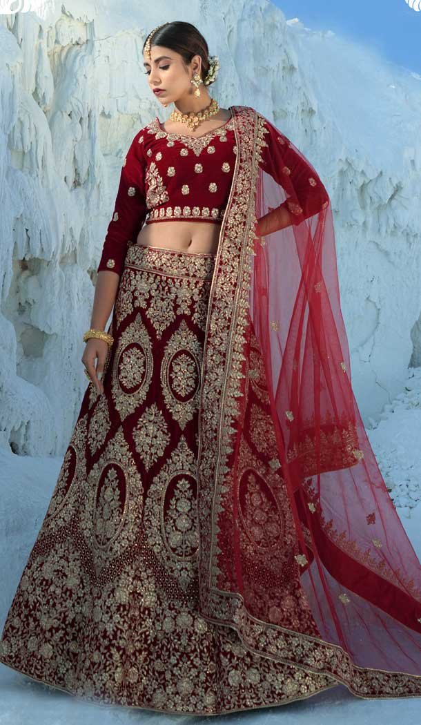 Elegant Maroon Color Velvet Embroidery & Diamond Work Bridal Wear Lehenga Choli -2815142352