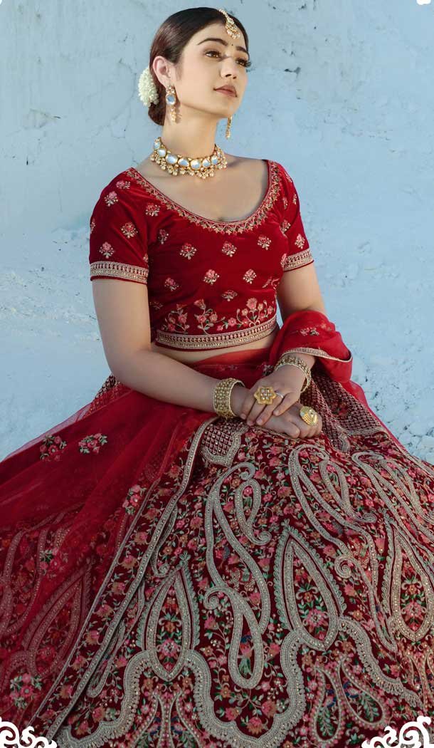 Elegant Red Color Velvet Embroidery & Diamond Work Bridal Wear Lehenga Choli -2815142353