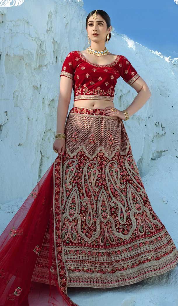 Elegant Red Color Velvet Embroidery & Diamond Work Bridal Wear Lehenga Choli -2815142353