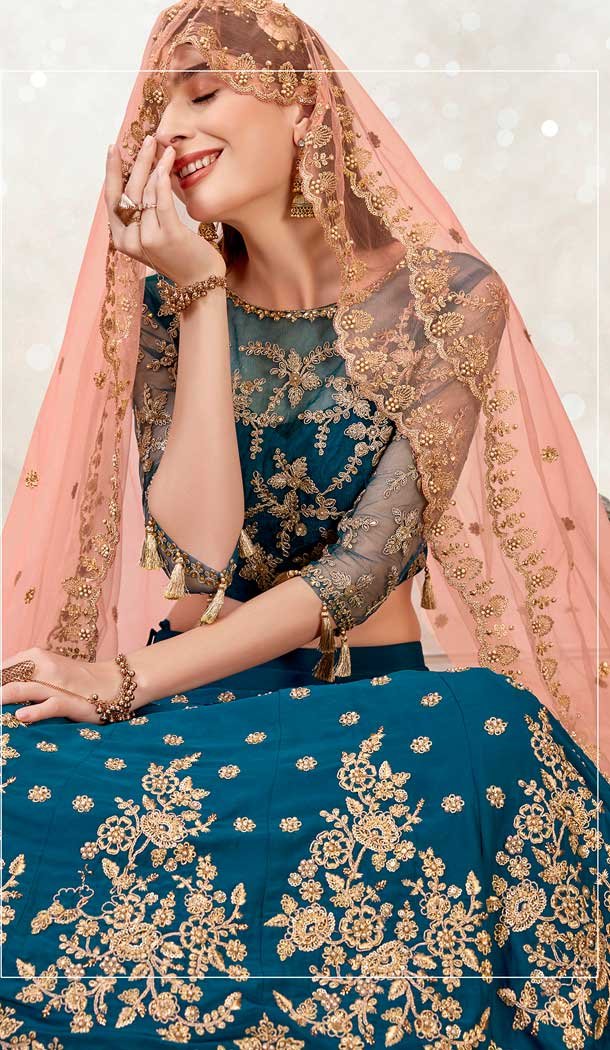 Teal Blue Color Satin Silk Designer Traditional Wear Lehenga Choli -2864142823