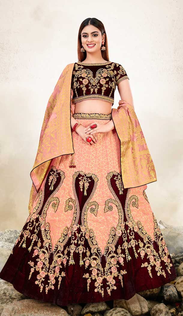 Peach Color Weaved Silk Designer Traditional Wear Lehenga Choli -2864142825