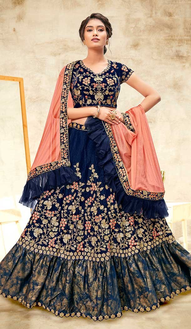 Elegant Blue Color Velvet Designer Traditional Wear Lehenga Choli -2864142833