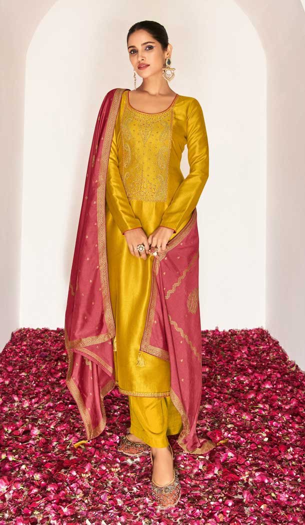 Yellow Color Dream Silk Casual Pakistani Style Evening Wear Palazzo Suit- 2840142629