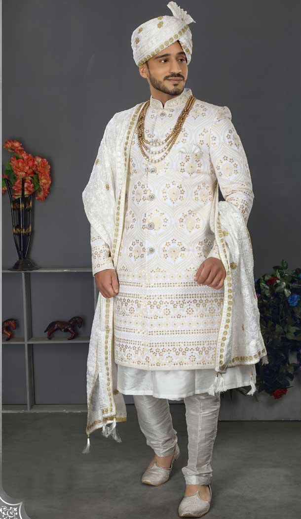 Adorable White Color Lakhnowi Silk Designer Men's Wedding Wear Sherwani - 2802142204
