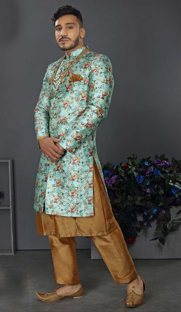 Multi Color Jacquard Art Silk Designer Men's Wedding Wear Sherwani - 2802142208