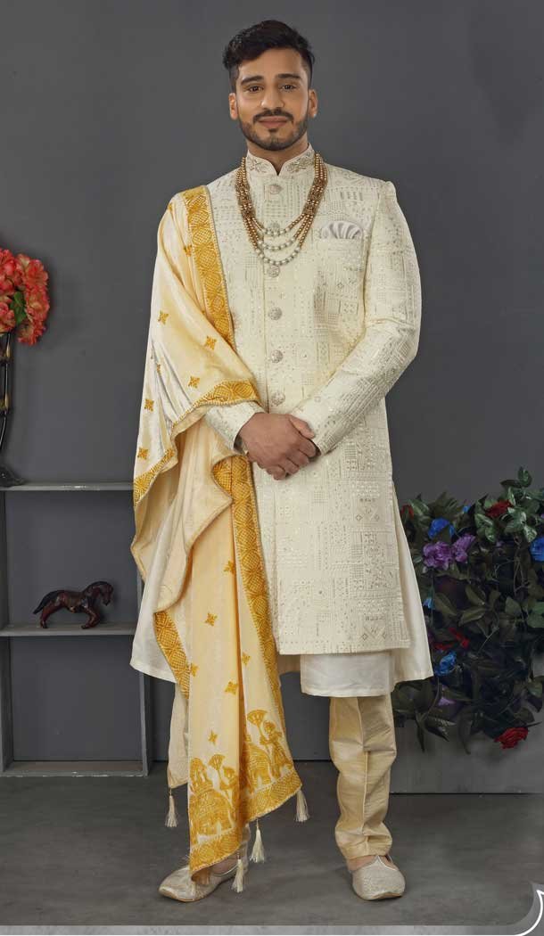 Appealing Cream Color Lakhnowi Silk Designer Men's Wedding Wear Sherwani - 2802142209
