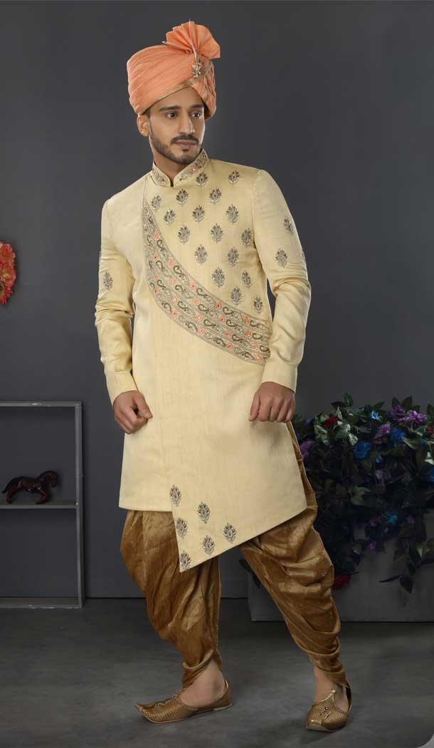 Light Yellow Color Lakhnowi Silk Designer Men's Wedding Wear Sherwani - 2802142214