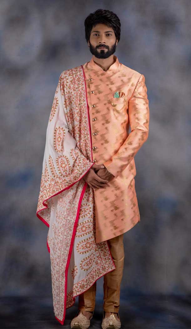 Peach Color Jacquard Silk Wedding Wear Men's Indo western - 2804142253