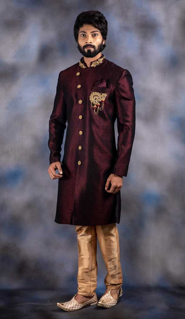 Wine Color Imported Silk Wedding Wear Mens Indo western - 2804142254
