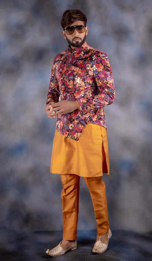 Multi Color Jacquard Silk Wedding Wear Men's Indo western - 2804142263