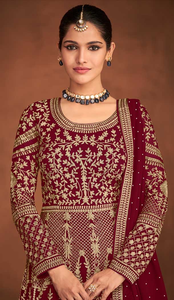 Maroon Color Real Georgette Designer Wedding Wear Anarkali Suit - 2824142424