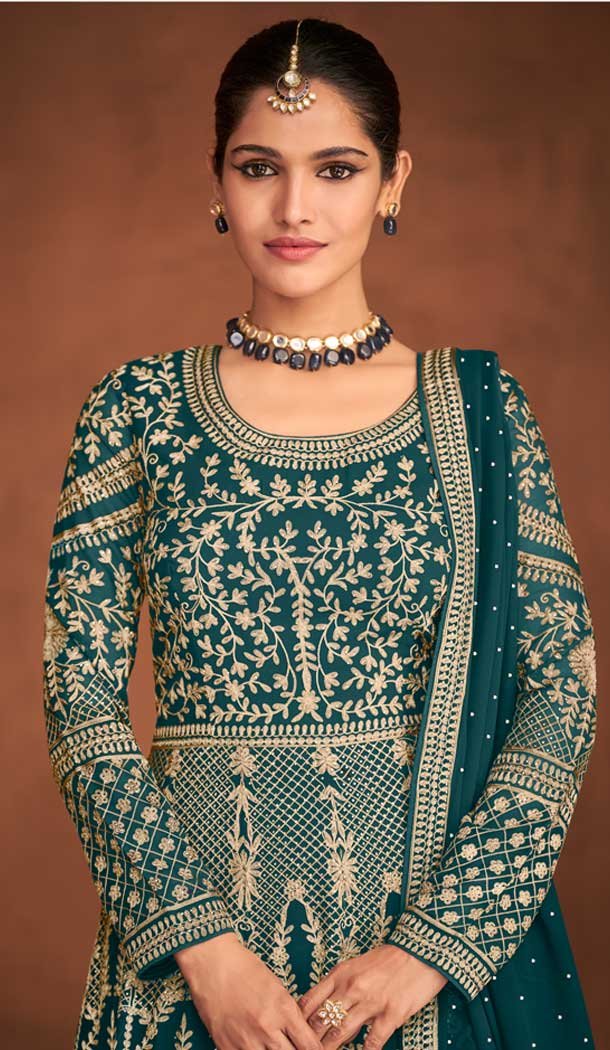 Sea Green Color Real Georgette Designer Wedding Wear Anarkali Suit - 2824142426